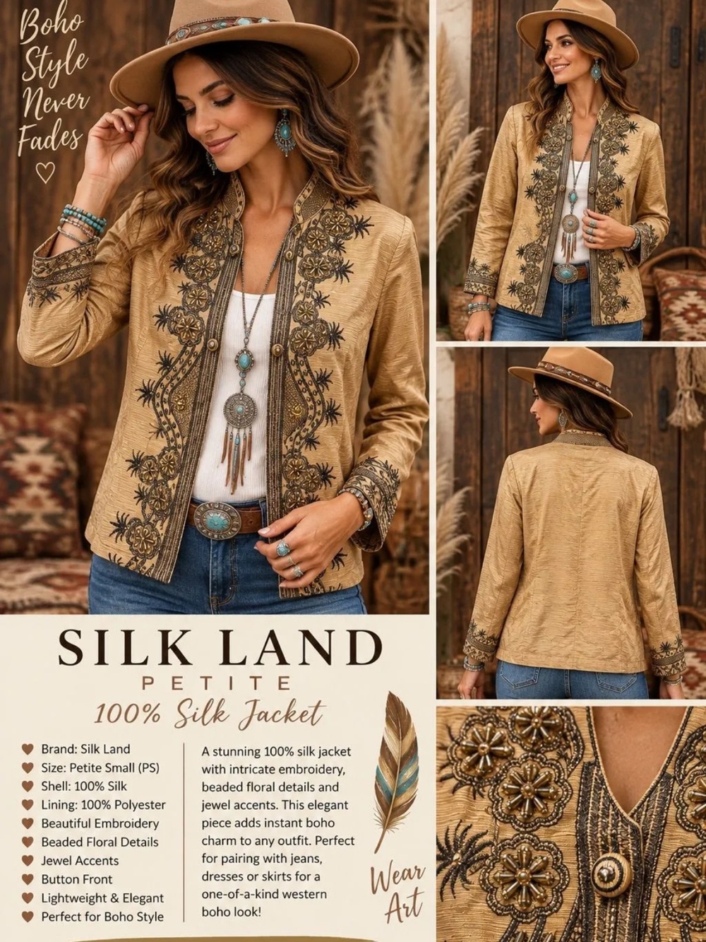 $148 Silk Land 100%
Silk Embroidered Beaded Boho
Jacket Petite Small PS